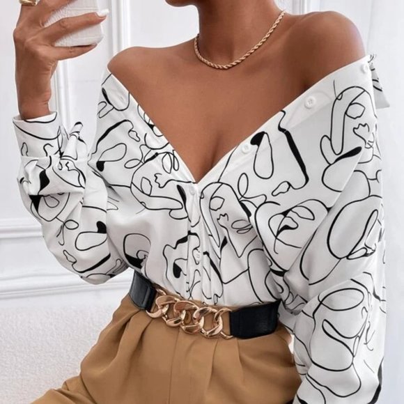 Graphic  Figure detailed Drop Shoulder Button Down Blouse blk/white - Picture 4 of 4